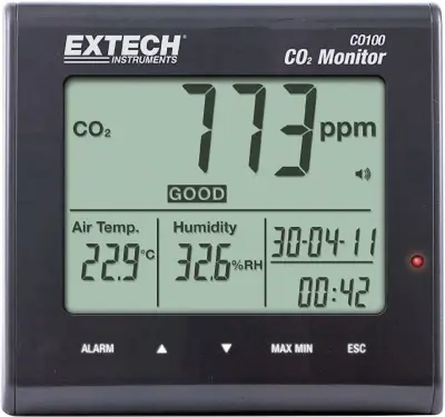 Extech CO100 merilnik kakovosti zraka, prikaz CO2 (0 - 9999 ppm), temperature zraka (-5° C do +50° C) in vlažnosti zraka (0,1 - 90 % rel. vlage)