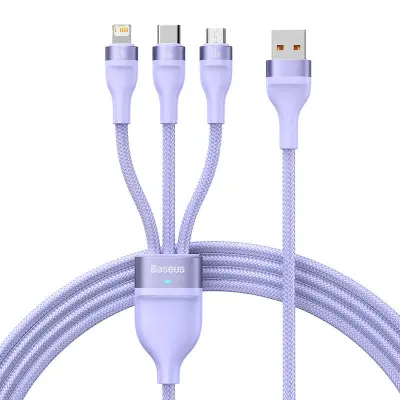 3v1 USB kabel Baseus Flash II Series, USB-C + micro USB + Lightning, 66 W, 1,2 m (vijoličen)