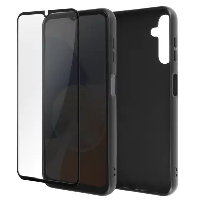 Popolna zašcita Galaxy A14 5G in 4G, mat crno silikonsko ohije, kaljeno steklo 9H crn obris