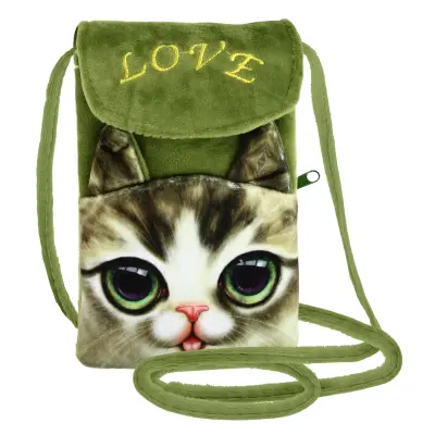 Torbica za macji telefon, naramnica, žep z dvojnim predelkom na zadrgo - zelen kawaii dizajn