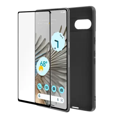 Google Pixel 7 Popolna zašcita, mat crna silikonska torbica 9H kaljeno steklo crn obris