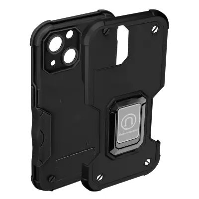 Ovitek za iPhone 14, odporen na udarce, iz dveh materialov, nedrsec in magnetni podporni obroc - crn