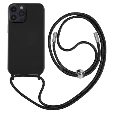 Poltoga etui z vrvico za iPhone 14 Pro z mehko notranjostjo, ovratnikom - crna
