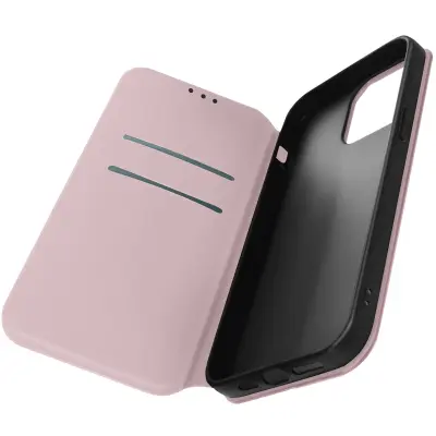 Ovitek za iPhone 14 Pro z magnetnim preklopom, držalom za kartico in video držalom - šampanjec roza