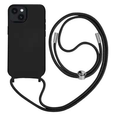Poltoga etui z vrvico za iPhone 14 z mehko notranjostjo, ovratnikom - crna