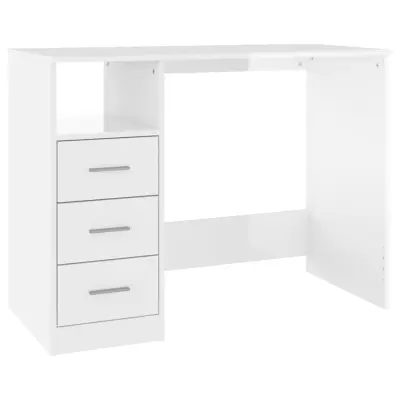 vidaXL Pisalna miza s predali visok sijaj bela 102x50x76 cm inž. les