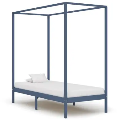 vidaXL Posteljni okvir z baldahinom siv iz trdne borovine 90x200 cm