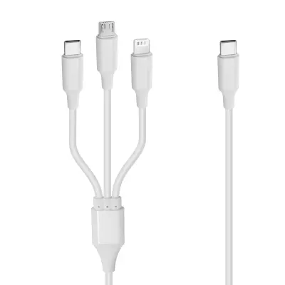 Kabel 3-v-1 USB-C v USB-C / iPhone Lightning / Micro-USB - moc 20 W - dolžina 1,2 m, LinQ - bel