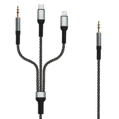 3 v 1 avdio kabel 3,5 mm Jack na 3,5 mm Jack, Lightning in USB-C, Pleteni najlon, dolžina 1,5 m, LinQ - crn