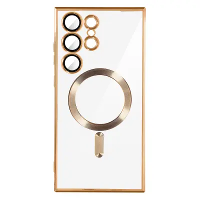 Ovitek MagSafe za Samsung S23 Ultra, zašcita kamere, prozorna hrbtna stran z zlatim obrisom