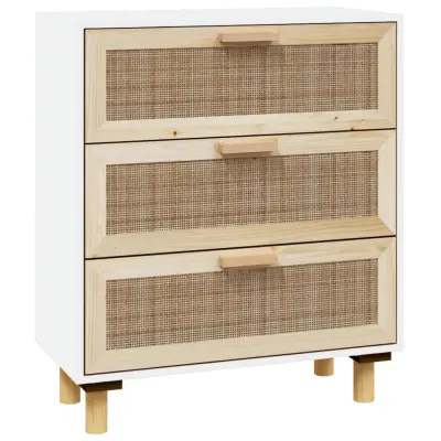 vidaXL Komoda bela 60x30x70 cm trdna borovina in naravni ratan