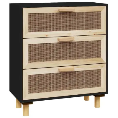 vidaXL Komoda črna 60x30x70 cm trdna borovina in naravni ratan
