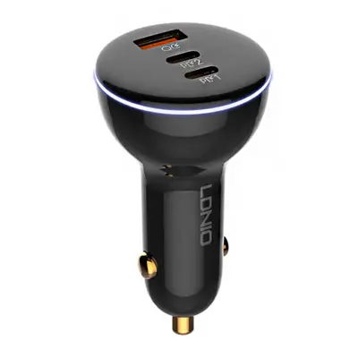 Avtopolnilec LDNIO C102, USB + 2x USB-C, 160 W + USB-C na kabel Lightning (črn)