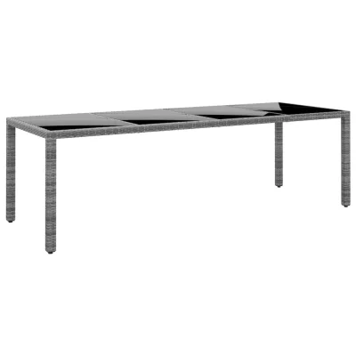 vidaXL Vrtna miza 250x100x75 cm kaljeno steklo in poli ratan siva