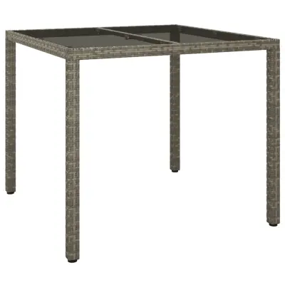 vidaXL Vrtna miza 90x90x75 cm kaljeno steklo in poli ratan siva