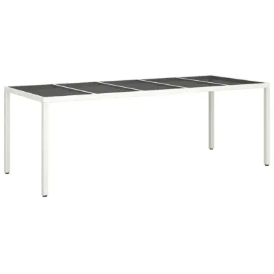 vidaXL Vrtna miza bela 250x100x75 cm poli ratan in kaljeno steklo