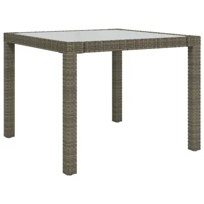 vidaXL Vrtna miza 90x90x75 cm kaljeno steklo in poli ratan siva