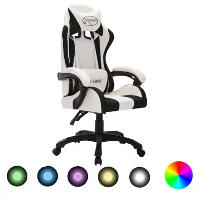 vidaXL Racing stol z RGB LED lučkami belo in črno umetno usnje