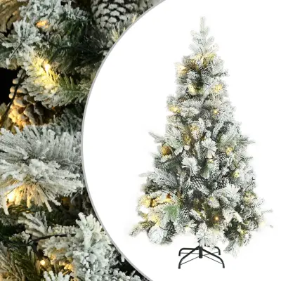 vidaXL Osvetljena novoletna jelka s snegom in storži 195 cm PVC in PE