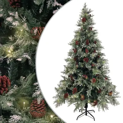 vidaXL Osvetljena novoletna jelka s storži zeleno bela 195 cm PVC PE