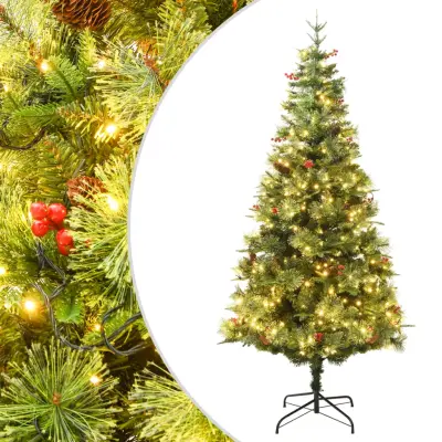 vidaXL Osvetljena novoletna jelka s storži zelena 225 cm PVC in PE