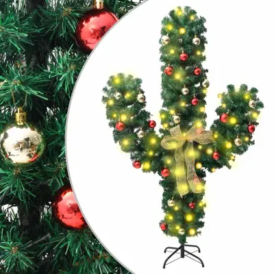 vidaXL Novoletni kaktus s stojalom in LED diodami zelen 150 cm PVC