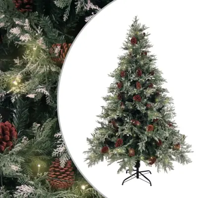 vidaXL Osvetljena novoletna jelka s storži zeleno bela 150 cm PVC PE