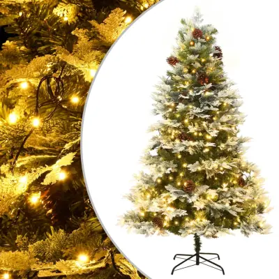 vidaXL Osvetljena novoletna jelka s storži zelena 195 cm PVC in PE