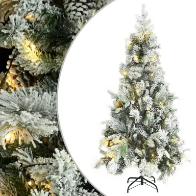 vidaXL Osvetljena novoletna jelka s snegom in storži 225 cm PVC in PE