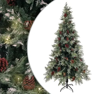 vidaXL Osvetljena novoletna jelka s storži zeleno bela 225 cm PVC PE