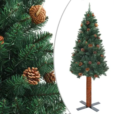Ozka novoletna jelka pravi les in storži zelena 210 cm PVC