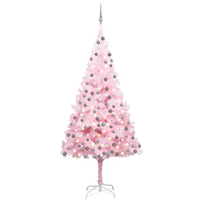 vidaXL Umetna osvetljena novoletna jelka z bunkicami roza 210 cm PVC
