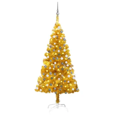 Novoletna jelka z LED lučkami in bučkami zlata 150 cm PET