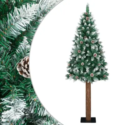 vidaXL Ozka novoletna jelka pravi les in beli sneg zelena 210 cm