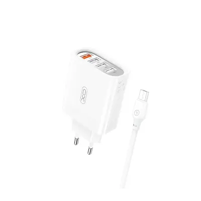 Polnilec za telefon XO L100 18W QC 4xUSB bel + microUSB kabel