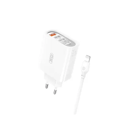 Polnilec za telefon XO L100 18W QC 4xUSB bel + kabel 8-pin Lightning