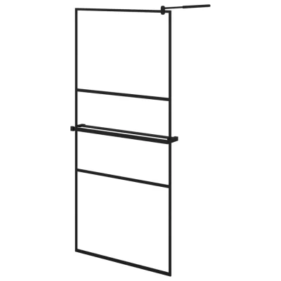 vidaXL Pregrada za tuš s polico črna 90x195 cm ESG steklo in aluminij