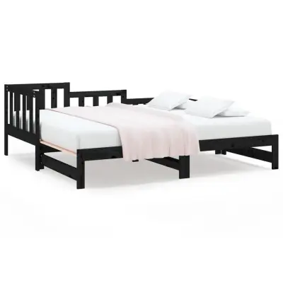 vidaXL Izvlečna dnevna postelja črna 2x(80x200) cm trdna borovina