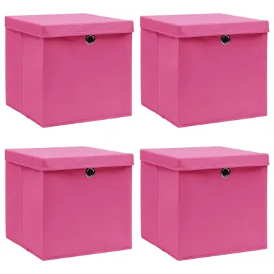 vidaXL Škatle za shranjevanje s pokrovi 4 kosi roza 32x32x32 cm blago