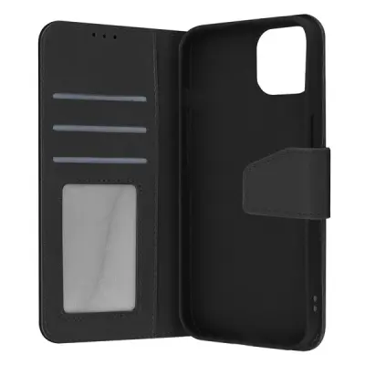Usnjena torbica za iPhone 14 Pro Max, vrhunska kakovost, šivi in magnetni zavihek - crna