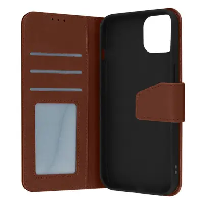 Usnjena torbica za iPhone 14 Pro Max, vrhunska kakovost, šivi in magnetni zavihek - rjava