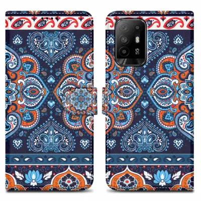 Primer Cadorabo, združljiv z Oppo - Design Blue Mandala št. 1 - Zaščitni pokrov z magnetnim zapiranjem, funkcijo stojala in režo za kartico
