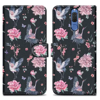 CADORABO Ohišje, združljiv s Huawei - Design Crane & Flowers št. 9 - Zaščitni pokrov z magnetnim zapiranjem, funkcijo stojala in režo za kartico