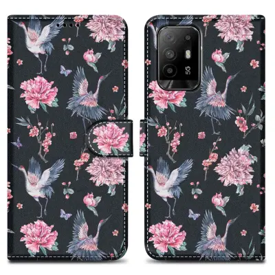 CADORABO primera, združljiv z oppo - Design Crane & Flowers št. 9 - Zaščitni pokrov z magnetnim zapiranjem, funkcijo stojala in režo za kartico