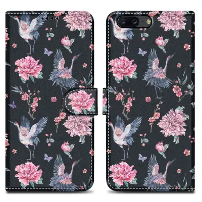 CADORABO CARE, združljiv z OnePlus - Design Crane & Flowers št. 9 - Zaščitni pokrov z magnetnim zapiranjem, funkcijo stojala in režo za kartico