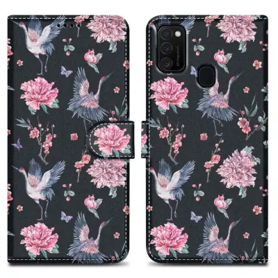 CADORABO Ohišje, združljiv s Samsungom - Design Crane & Flowers št. 9 - Zaščitni pokrov z magnetnim zapiranjem, funkcijo stojala in režo za kartico