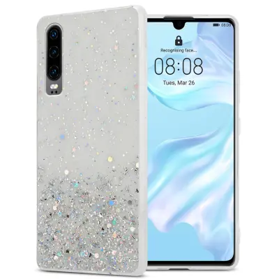 Cadorabo Case, združljiv s Huawei v prozornici z bleščicami - zaščitnim pokrovom, narejen iz fleksibilnega silikona TPU s penečimi bleščicami