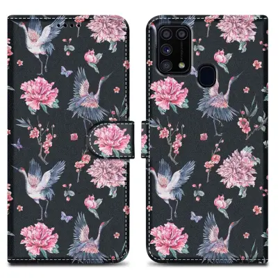 CADORABO Ohišje, združljiv s Samsungom - Design Crane & Flowers št. 9 - Zaščitni pokrov z magnetnim zapiranjem, funkcijo stojala in režo za kartico
