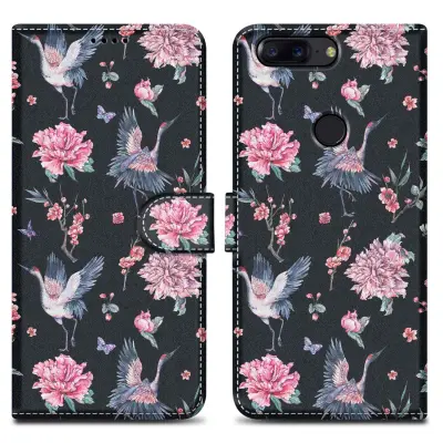 CADORABO CARE, združljiv z OnePlus - Design Crane & Flowers št. 9 - Zaščitni pokrov z magnetnim zapiranjem, funkcijo stojala in režo za kartico