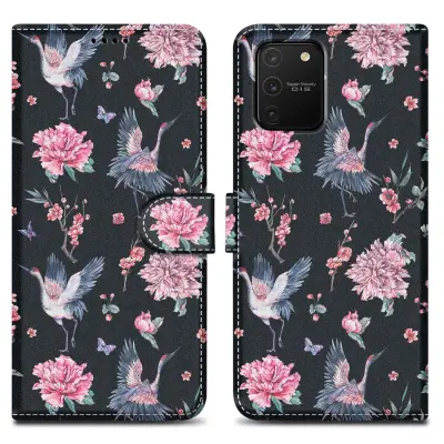 CADORABO Ohišje, združljiv s Samsungom - Design Crane & Flowers št. 9 - Zaščitni pokrov z magnetnim zapiranjem, funkcijo stojala in režo za kartico